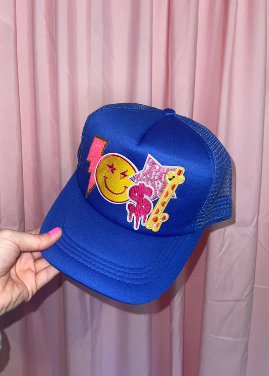 one of a kind royal blue trucker hat