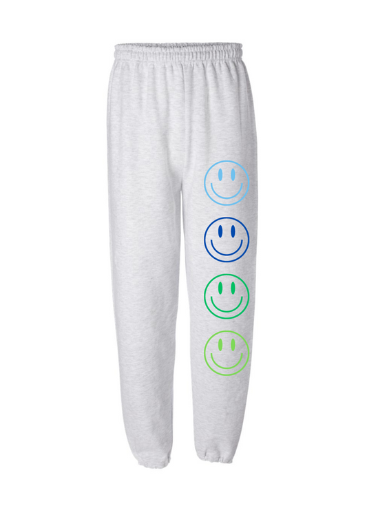 blue+green smiley jogger style sweatpants